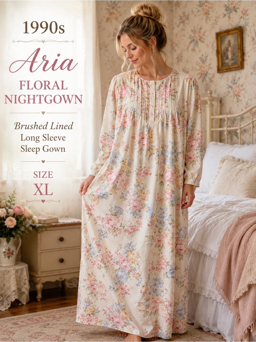 Vintage 90s Aria Floral Brushed Lined Nightgown XL Cottagecore Romantic